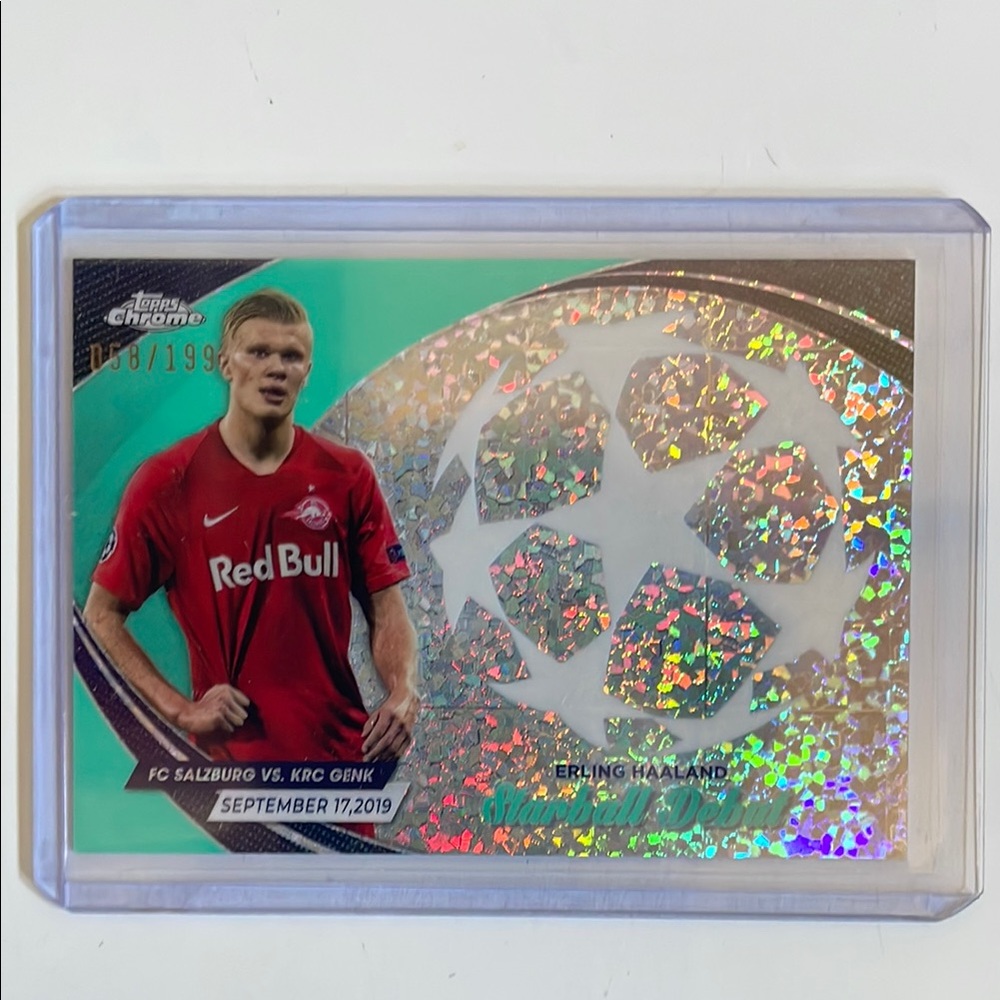 Topps Chrome Soccer Card with Red Jersey and Holographic Design